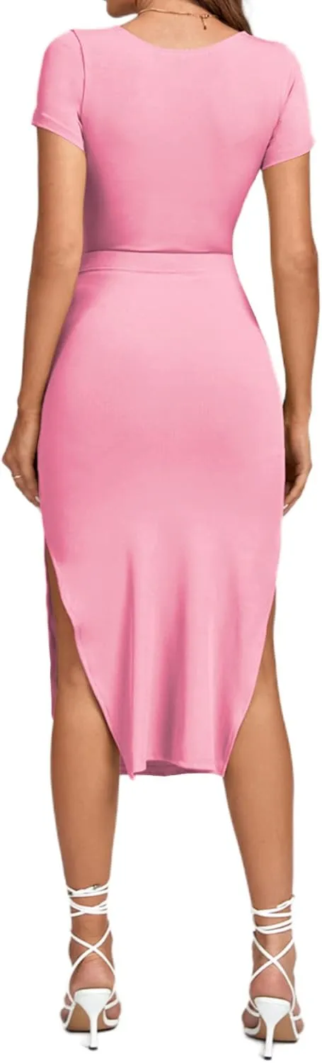 LYANER Women's Twist Front Cut Out Split Hem V Neck Short Sleeve Knit Bodycon Midi Dress