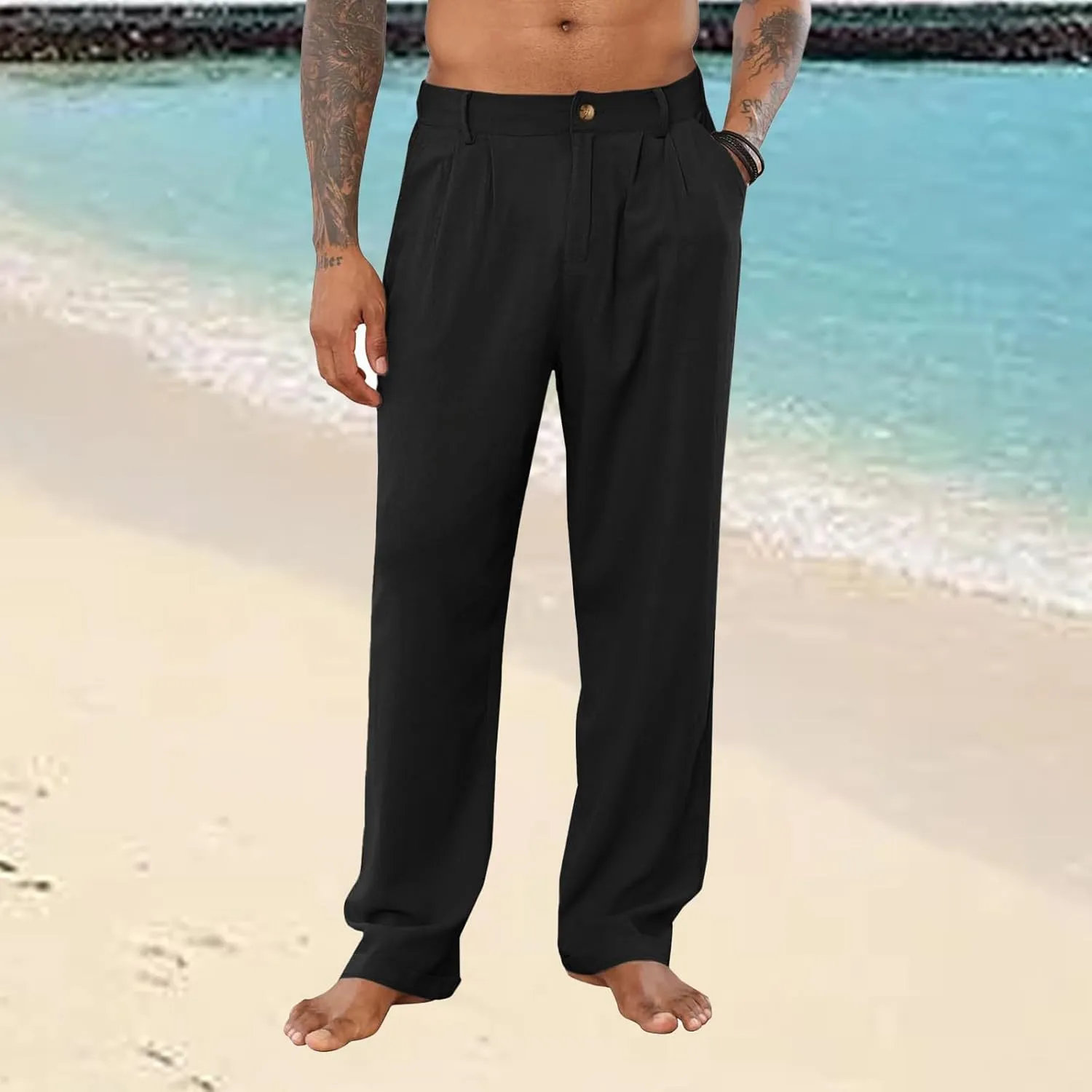 Mens Cotton Linen Casual Loose Fit Elastic Waist Lightweight Pleated with Pockets Yoga Beach Slacks Trousers Pants