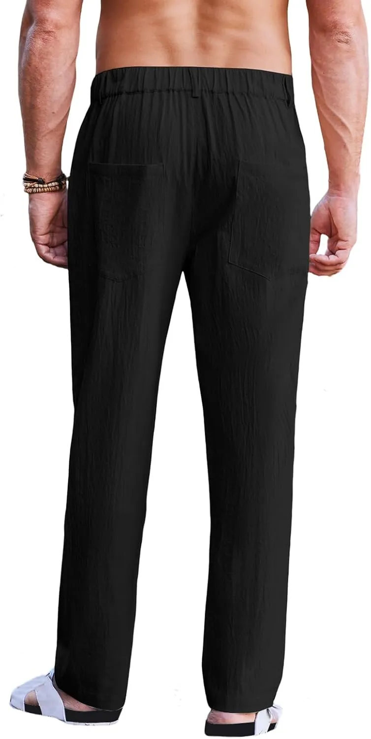 Mens Cotton Linen Casual Loose Fit Elastic Waist Lightweight Pleated with Pockets Yoga Beach Slacks Trousers Pants