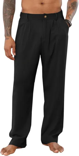 Mens Cotton Linen Casual Loose Fit Elastic Waist Lightweight Pleated with Pockets Yoga Beach Slacks Trousers Pants