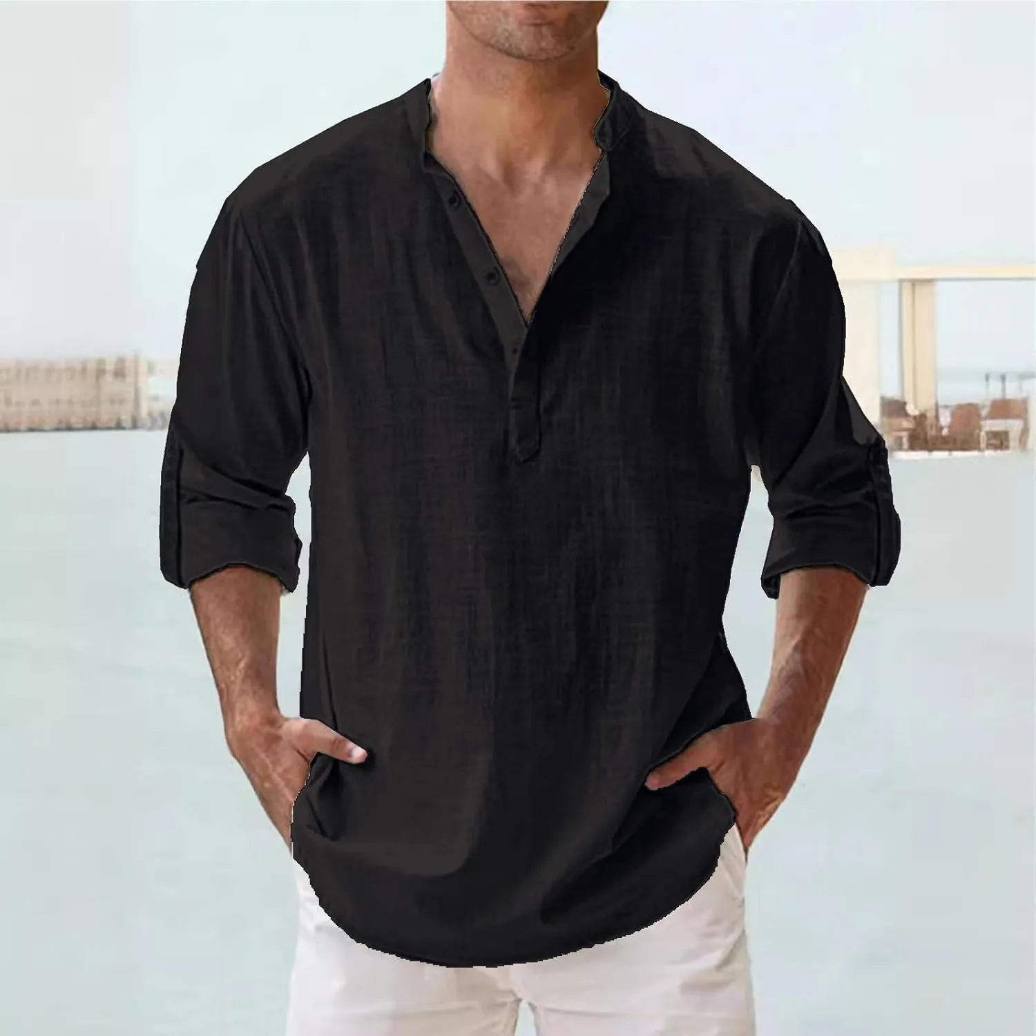 Mens Cotton Linen Shirts Solid Color Long Sleeve Pullover Shirts Button Stand Collar Beach Tops for Summer Vacation