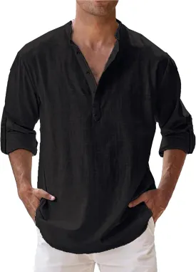 Mens Cotton Linen Shirts Solid Color Long Sleeve Pullover Shirts Button Stand Collar Beach Tops for Summer Vacation