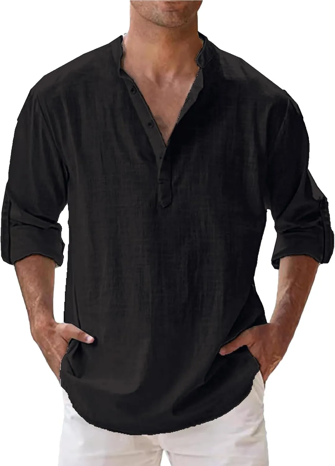 Mens Cotton Linen Shirts Solid Color Long Sleeve Pullover Shirts Button Stand Collar Beach Tops for Summer Vacation
