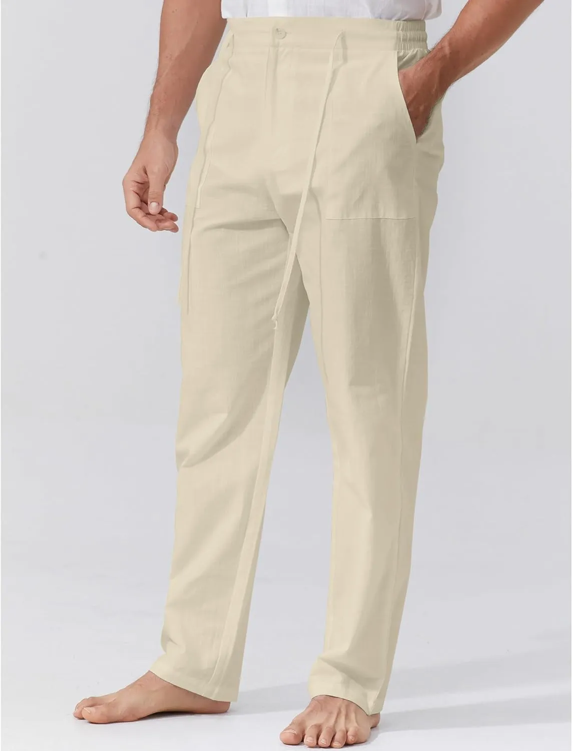Mens Linen Pants Elastic Waist Summer Pants Relaxed Fit Lightweight Yoga Beach Casual Pants with Pockets