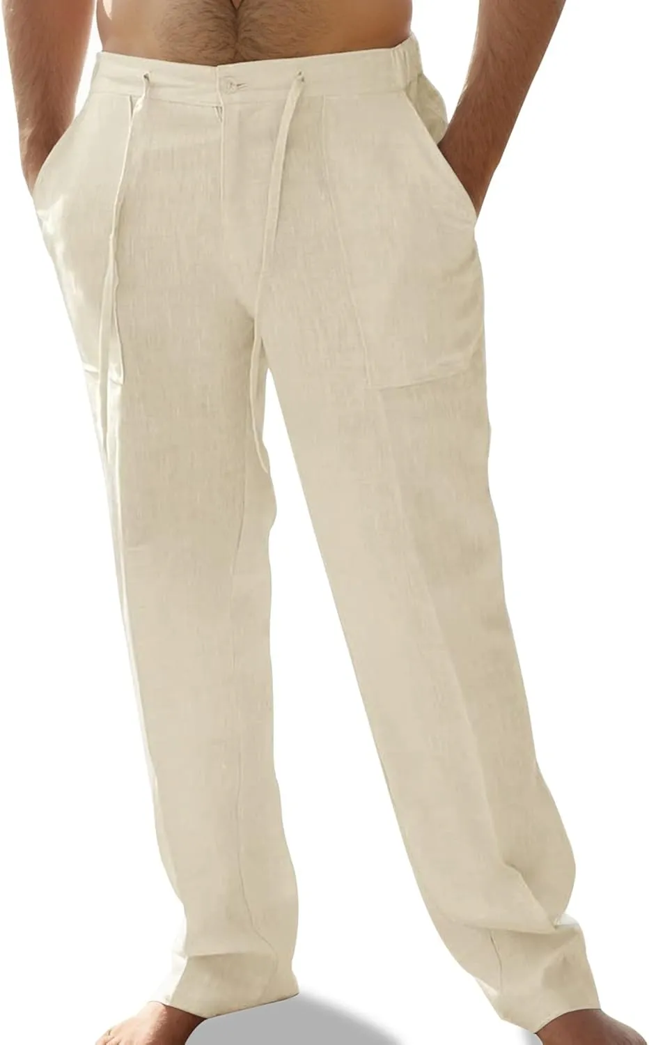 Mens Linen Pants Elastic Waist Summer Pants Relaxed Fit Lightweight Yoga Beach Casual Pants with Pockets