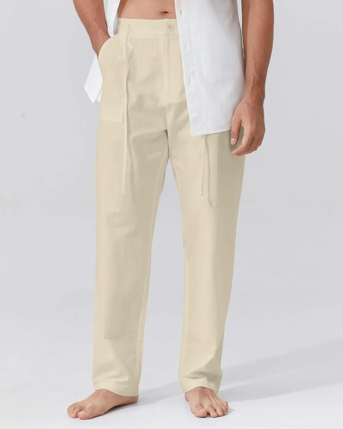 Mens Linen Pants Elastic Waist Summer Pants Relaxed Fit Lightweight Yoga Beach Casual Pants with Pockets