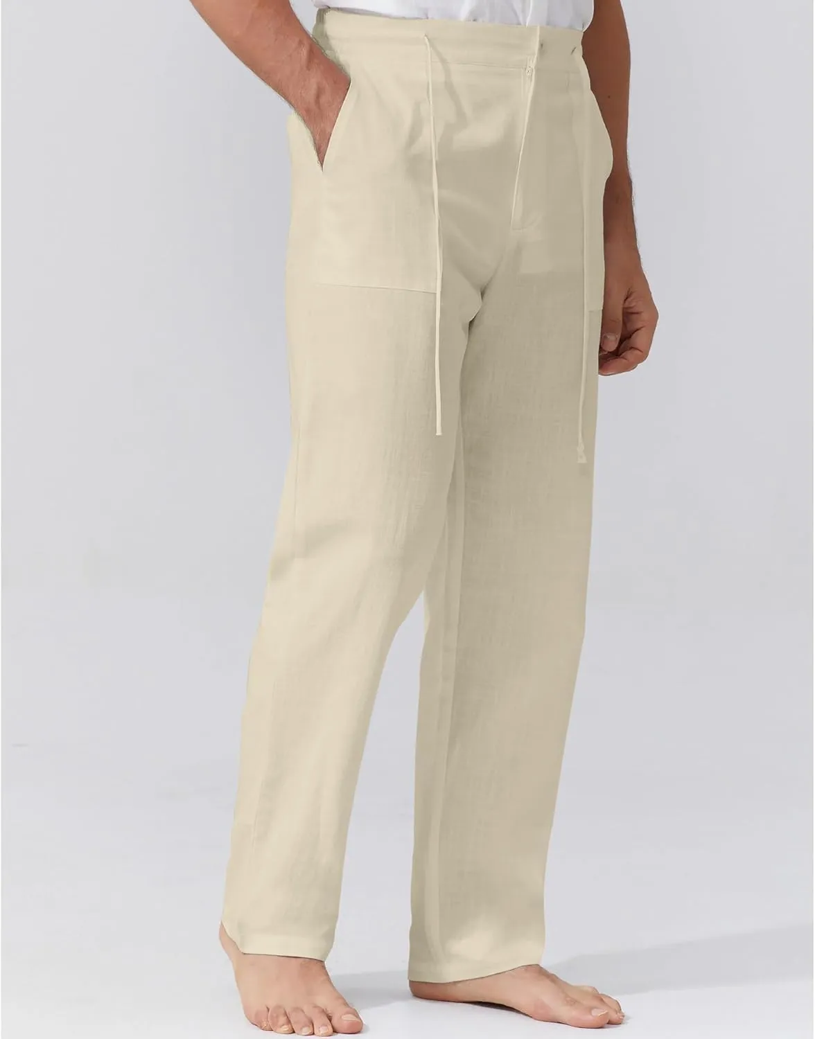 Mens Linen Pants Elastic Waist Summer Pants Relaxed Fit Lightweight Yoga Beach Casual Pants with Pockets