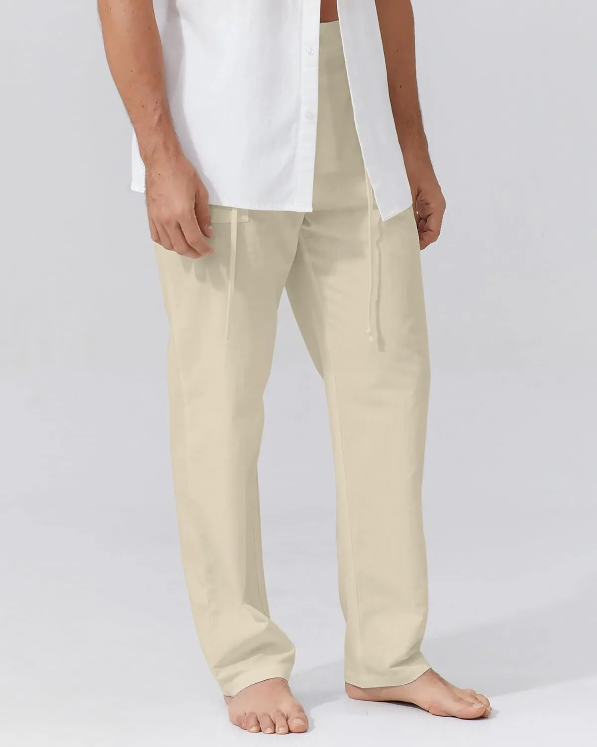 Mens Linen Pants Elastic Waist Summer Pants Relaxed Fit Lightweight Yoga Beach Casual Pants with Pockets