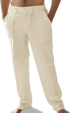 Mens Linen Pants Elastic Waist Summer Pants Relaxed Fit Lightweight Yoga Beach Casual Pants with Pockets