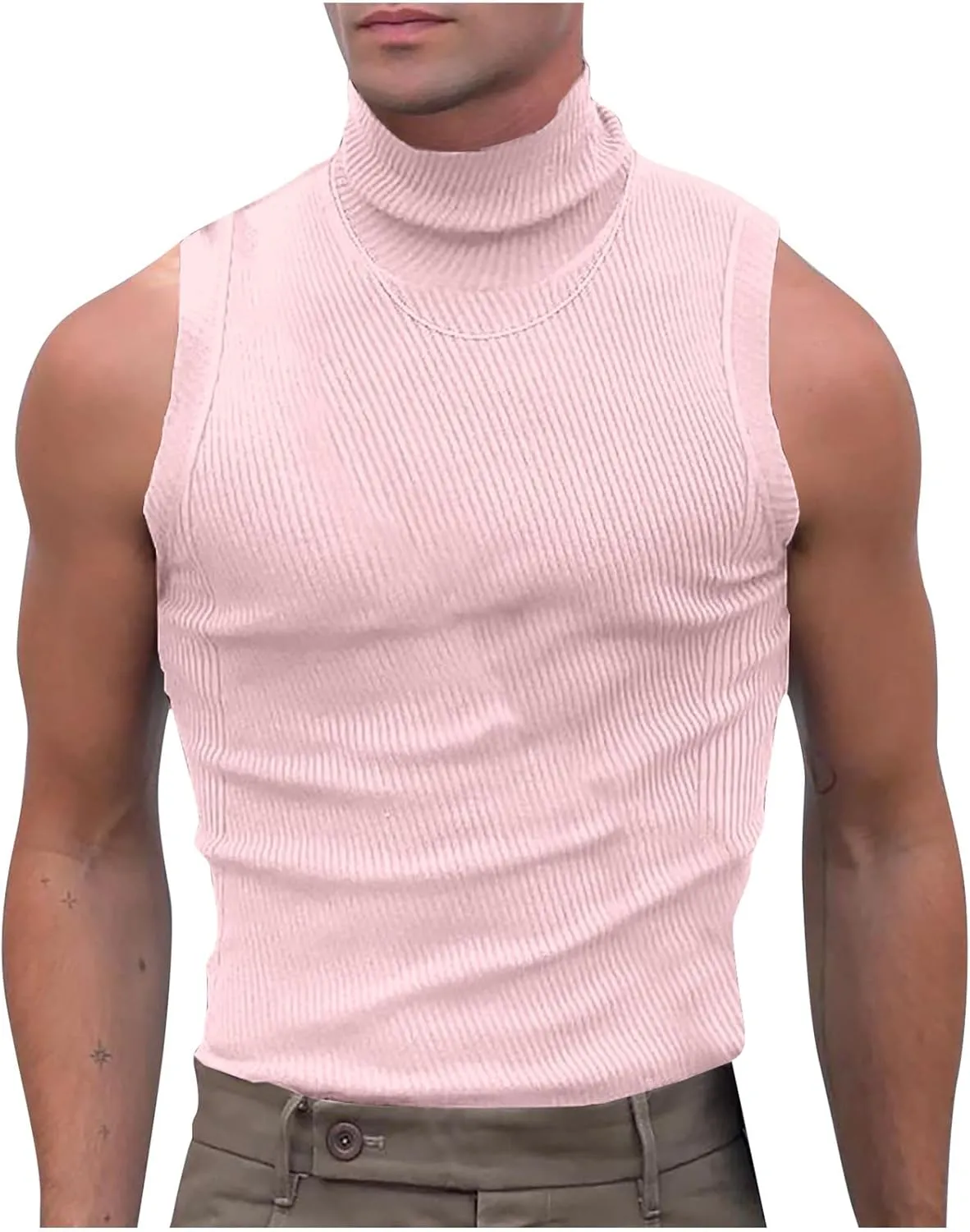 Men's Tank Tops Mock Turtleneck Sweater Sleeveless Casual Basic Pullover Sweater Ribbed Knit Pullover Sport Solid Tee