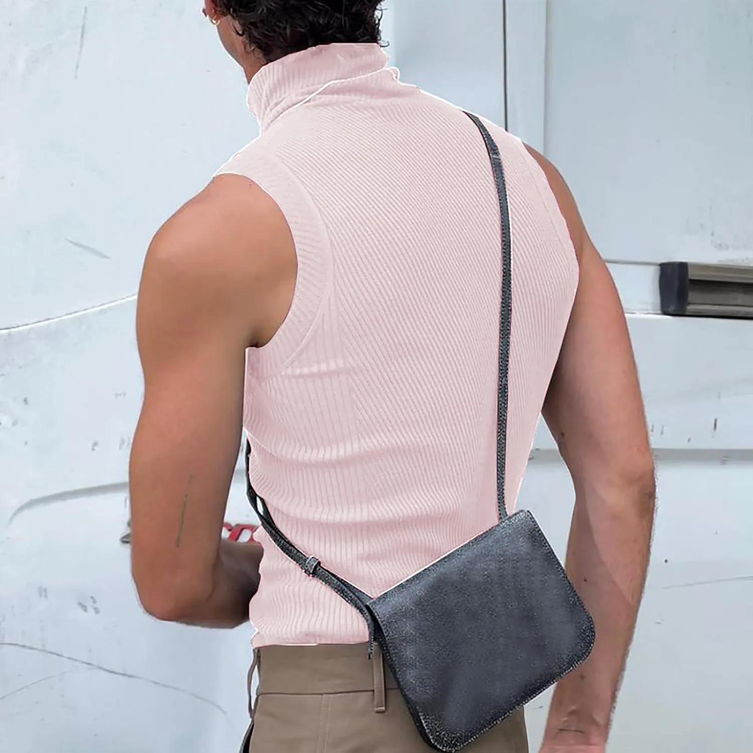 Men's Tank Tops Mock Turtleneck Sweater Sleeveless Casual Basic Pullover Sweater Ribbed Knit Pullover Sport Solid Tee