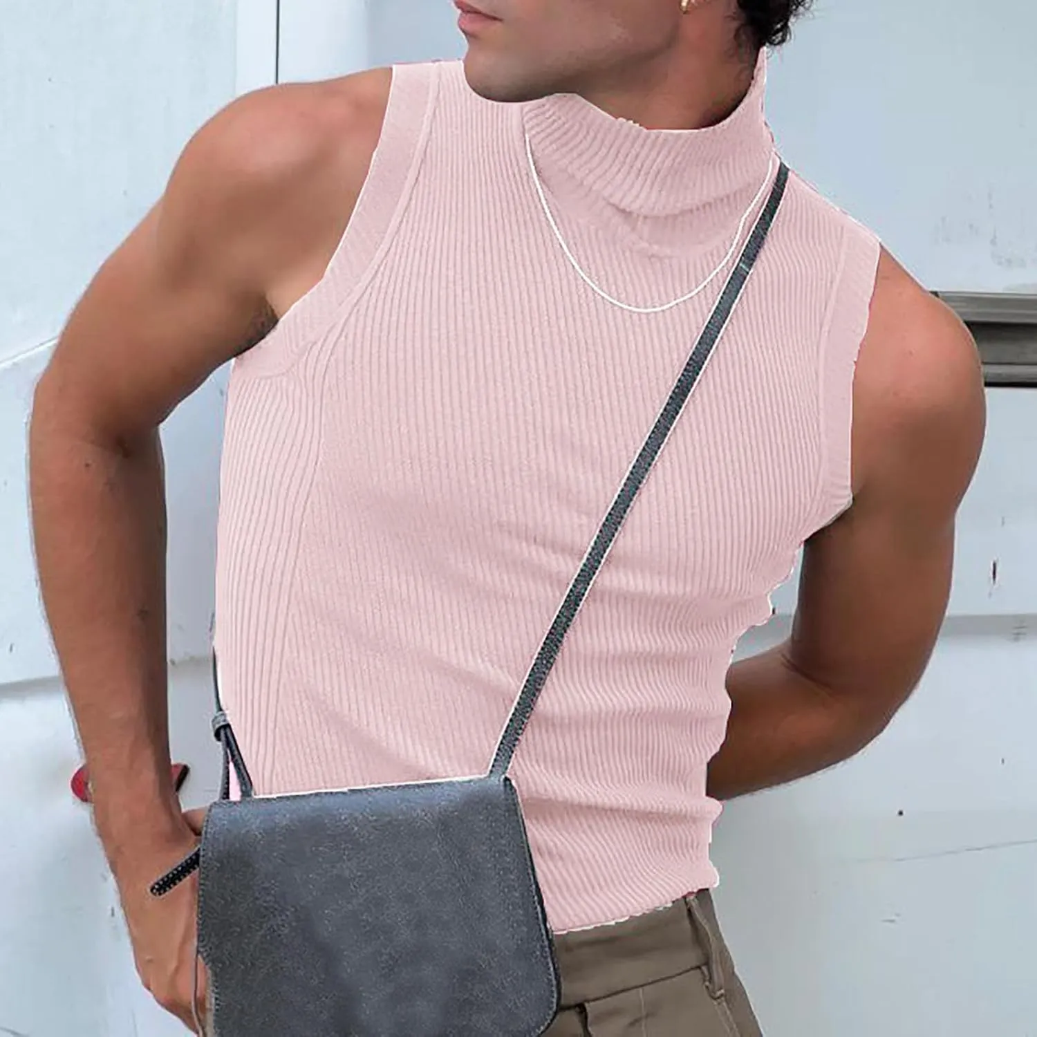 Men's Tank Tops Mock Turtleneck Sweater Sleeveless Casual Basic Pullover Sweater Ribbed Knit Pullover Sport Solid Tee