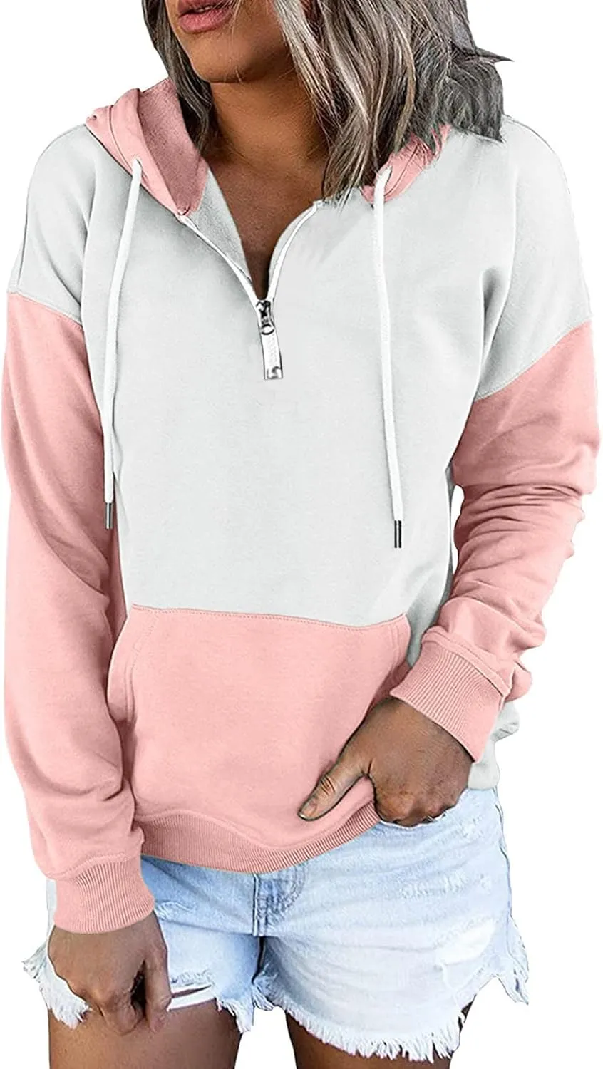 NaRHbrg Lightweight Hoodies for Women Color Block Hooded Sweatshirt Zip-Up Jersey Jacket Long Sleeve Top with Pockets