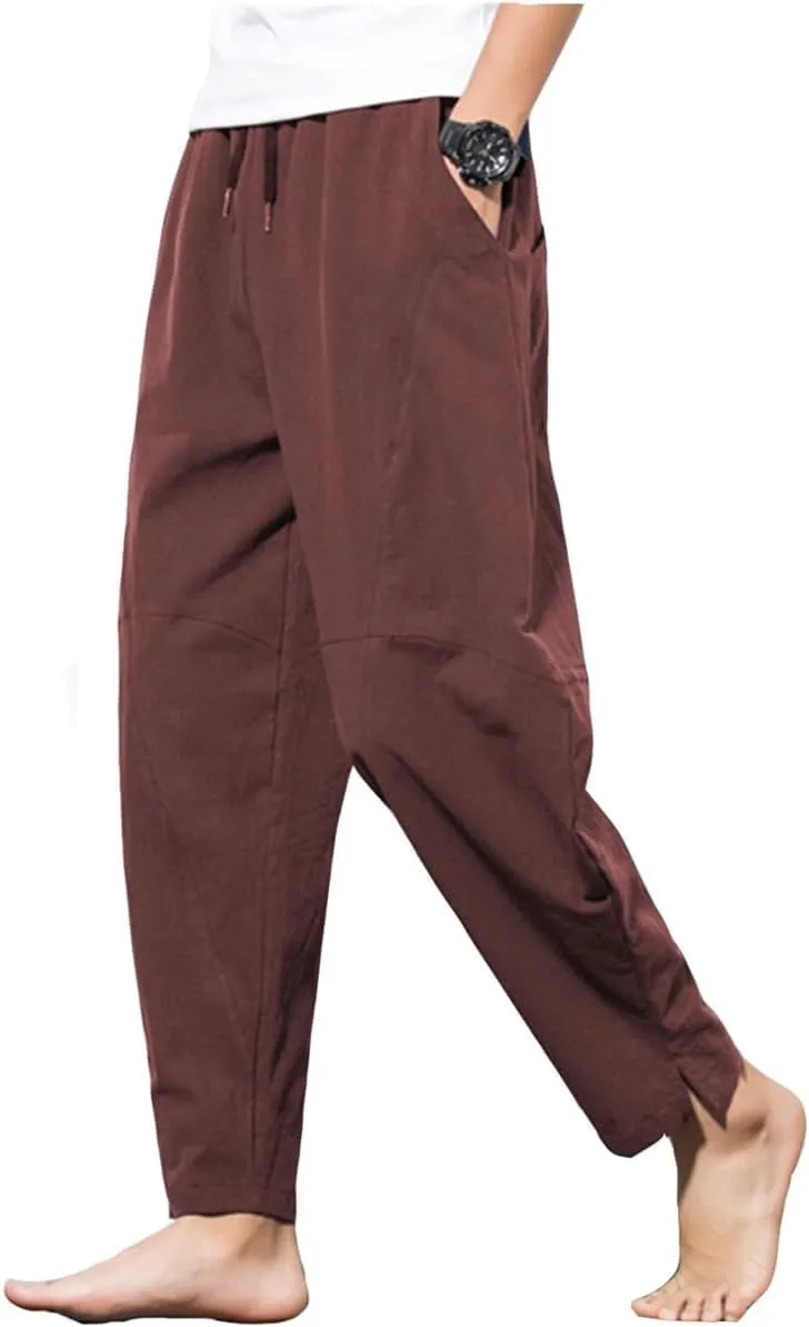 PACEIADTA Men's Cotton Linen Drawstring Pants Elastic Waist Casual Summer Beach Pants