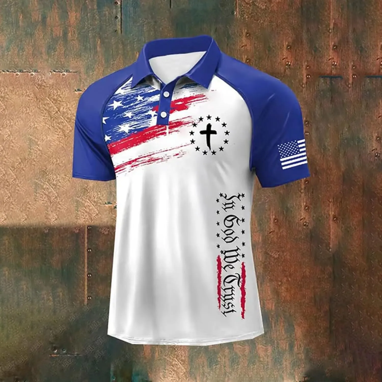 Patriotic Polo Shirts for Men in GOD WE Trust Christian Faith Cross Star Striped Golf Tshirts Raglan Sleeve Work Tops