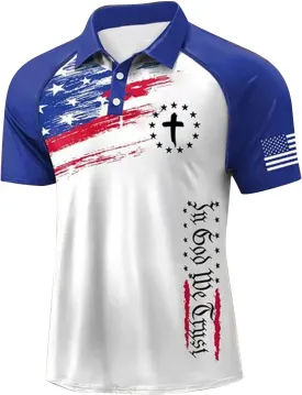 Patriotic Polo Shirts for Men in GOD WE Trust Christian Faith Cross Star Striped Golf Tshirts Raglan Sleeve Work Tops