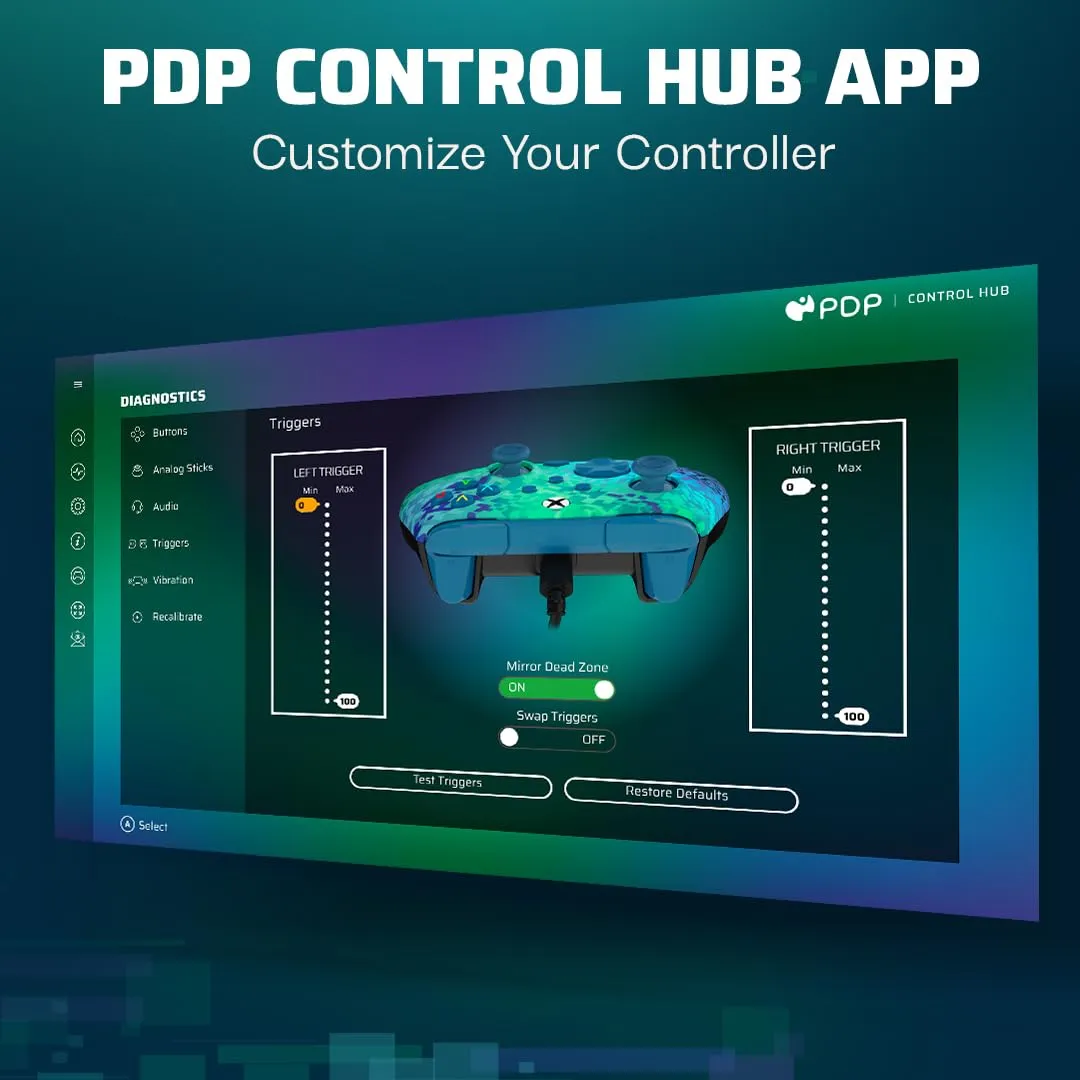 PDP Gaming REMATCH Enhanced Wired Gaming Controller: Licensed Xbox Series X|S Gamepad, Xbox One, PC, Mappable Back Buttons, Customizable Triggers, Audio Control, Companion App: Glitch Green/Blue