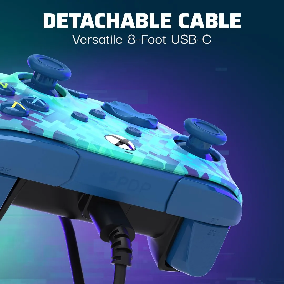 PDP Gaming REMATCH Enhanced Wired Gaming Controller: Licensed Xbox Series X|S Gamepad, Xbox One, PC, Mappable Back Buttons, Customizable Triggers, Audio Control, Companion App: Glitch Green/Blue
