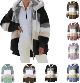 Plus Size Winter Coats for Women Fuzzy Fleece Sherpa Hooded Jacket with Pocket Colorblock Zip Up Coat Winter Warm Top
