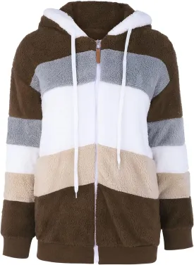 Plus Size Winter Coats for Women Fuzzy Fleece Sherpa Hooded Jacket with Pocket Colorblock Zip Up Coat Winter Warm Top