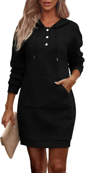 PRETTYGARDEN Womens Long Sleeve Hoodies Dress 2025 Fall Trendy Texture Sweatshirts Button Hooded Winter Dresses with Pockets