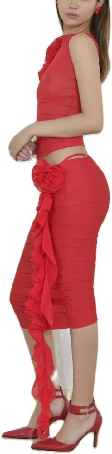 Sexy Tank Top for Women 3D Floral Tassels Ruffle Crop Top Y2K Slim Fitted Sleeveless Shirt Tee