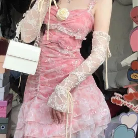 Shimmering Vanilla and Raspberry Rose    Dress and Gloves Set Kawaii Academia Y2K Cottagecore Coquette Fairycore Dollette Princesscore