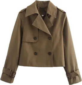 Short Trench Coat for Women, Double Breasted Long Sleeve Lapel Casual Jackets Outerwear with Pockets