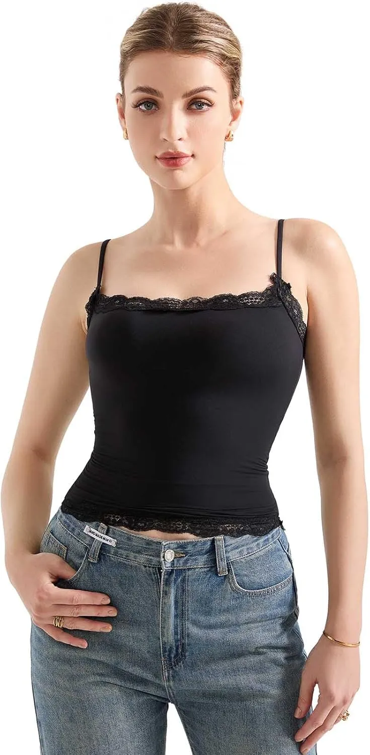 SUUKSESS Women Lace Double Lined Camisole Top Spaghetti Strap Going Out Tank Top