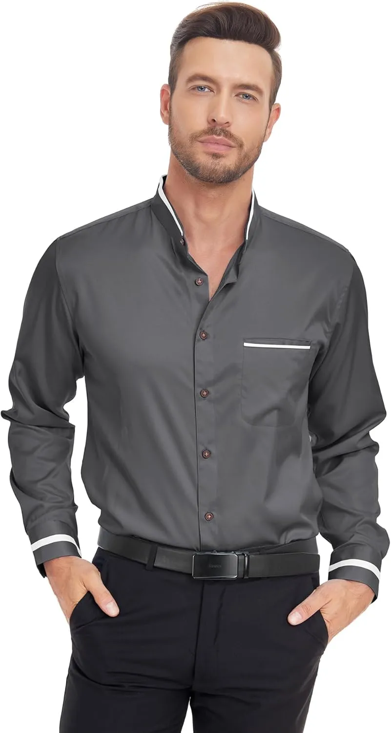 SWISSWELL Mandarin Collar Dress Shirt for Men Clergy Shirt Collarless Button Down Business Casual Shirts