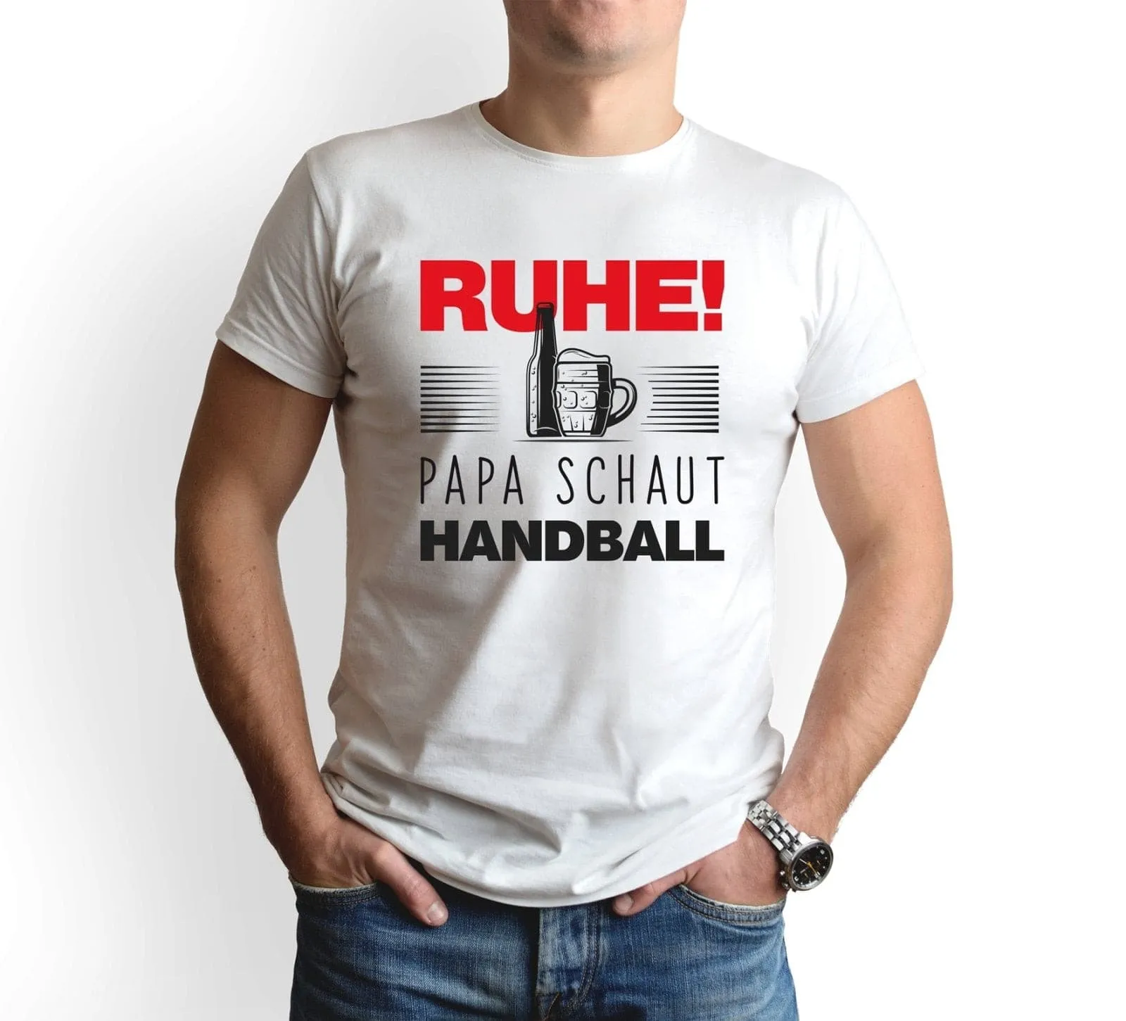 T-Shirt Herren - Ruhe! Papa schaut Handball