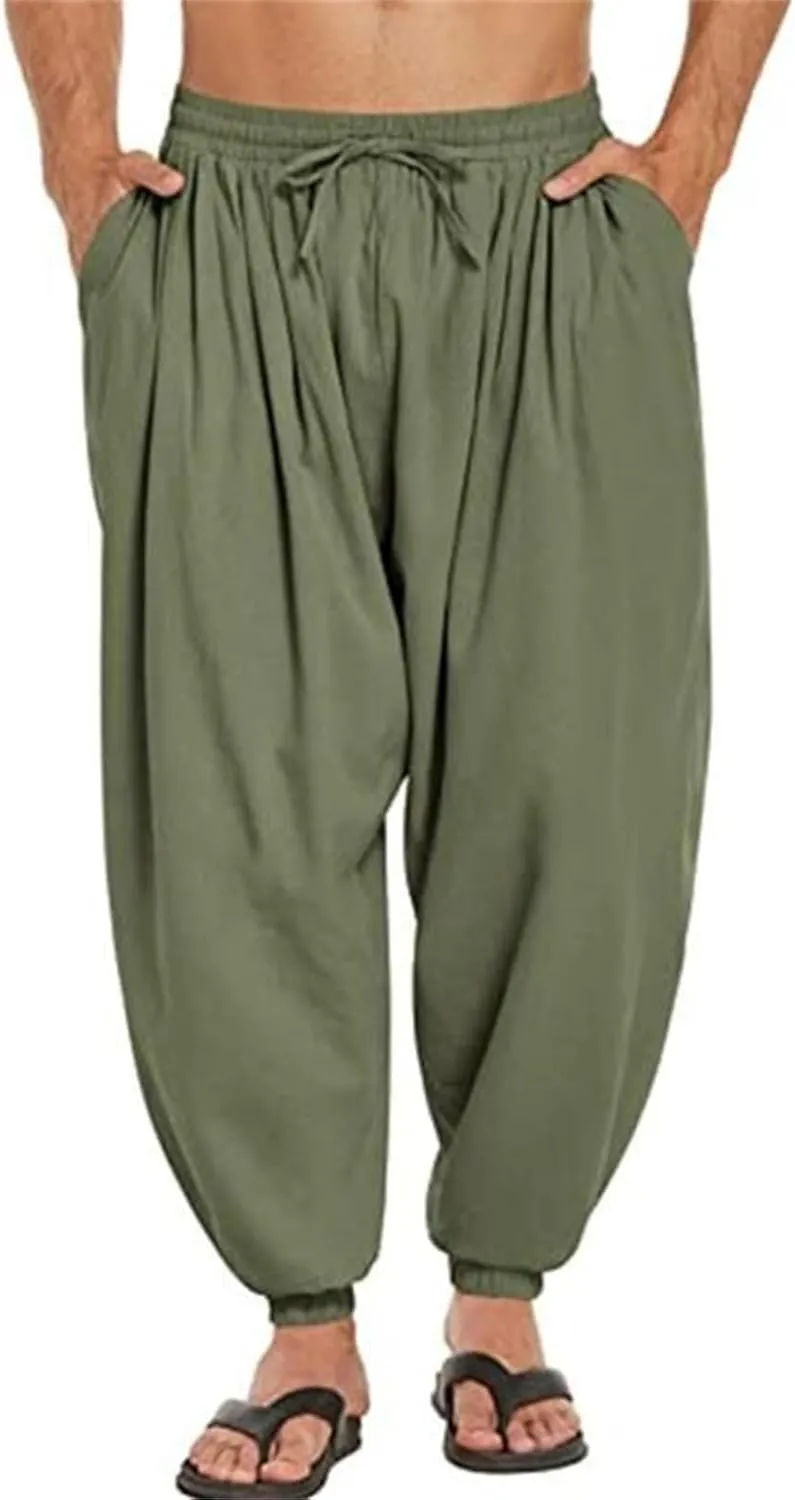 Wankang Men's Cotton Linen Harem Pants Drawstring Casual Bagge Trousers Lightweight Loose Beach Yoga Pants for Men