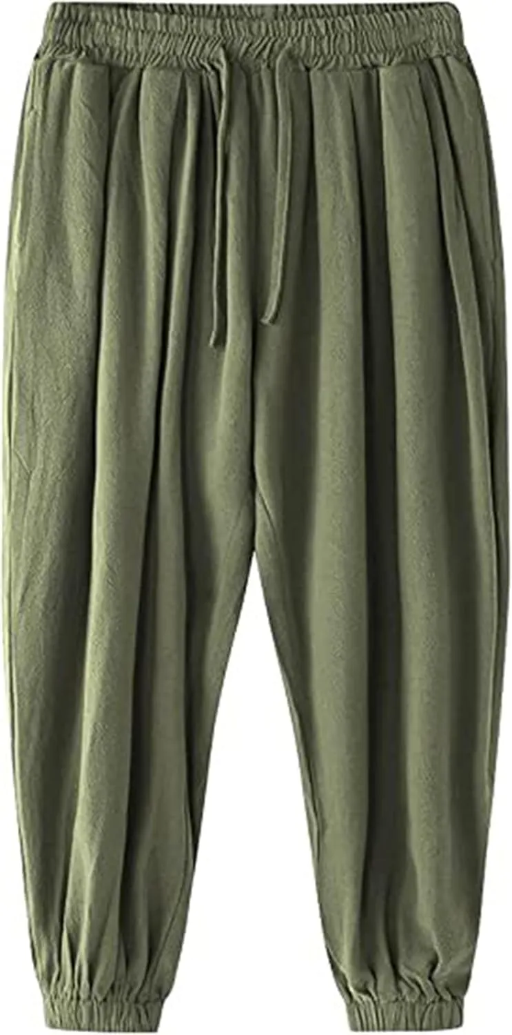 Wankang Men's Cotton Linen Harem Pants Drawstring Casual Bagge Trousers Lightweight Loose Beach Yoga Pants for Men