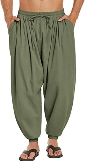 Wankang Men's Cotton Linen Harem Pants Drawstring Casual Bagge Trousers Lightweight Loose Beach Yoga Pants for Men