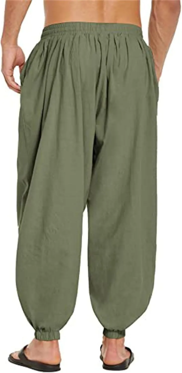 Wankang Men's Cotton Linen Harem Pants Drawstring Casual Bagge Trousers Lightweight Loose Beach Yoga Pants for Men