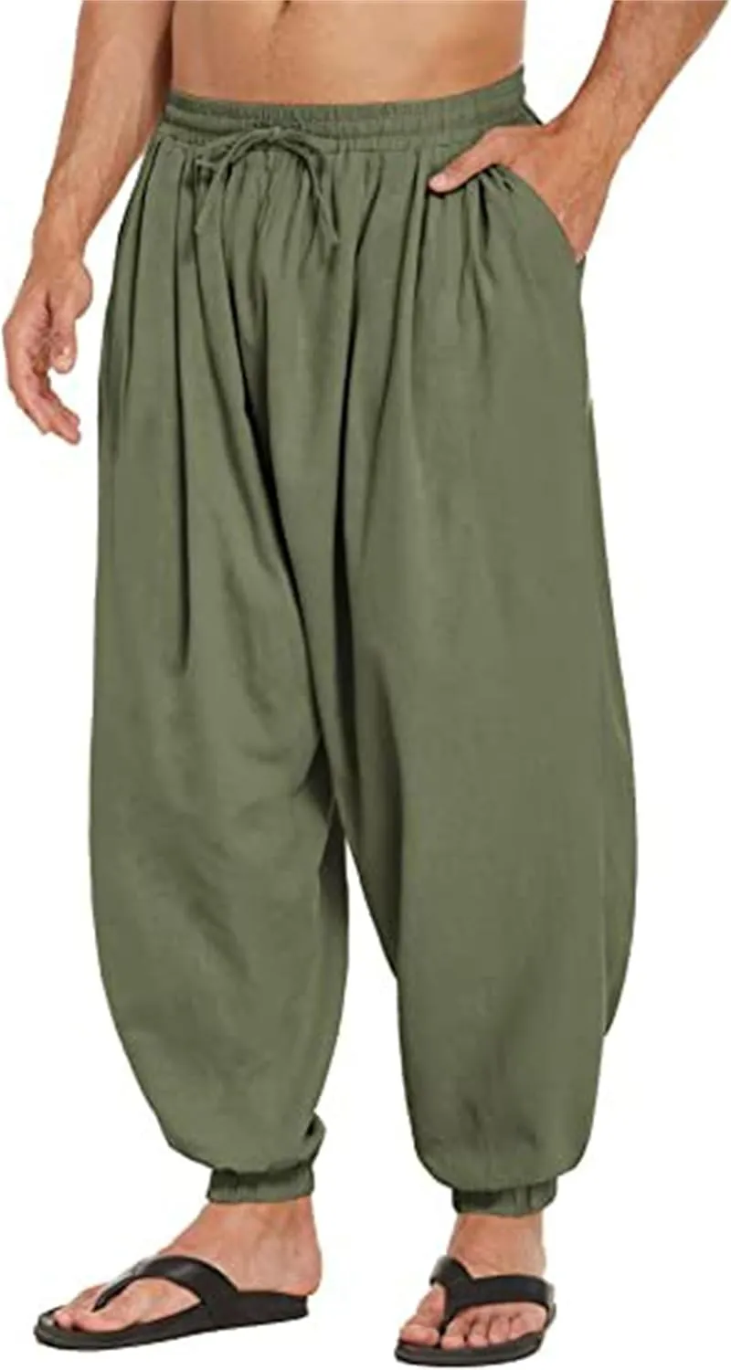 Wankang Men's Cotton Linen Harem Pants Drawstring Casual Bagge Trousers Lightweight Loose Beach Yoga Pants for Men