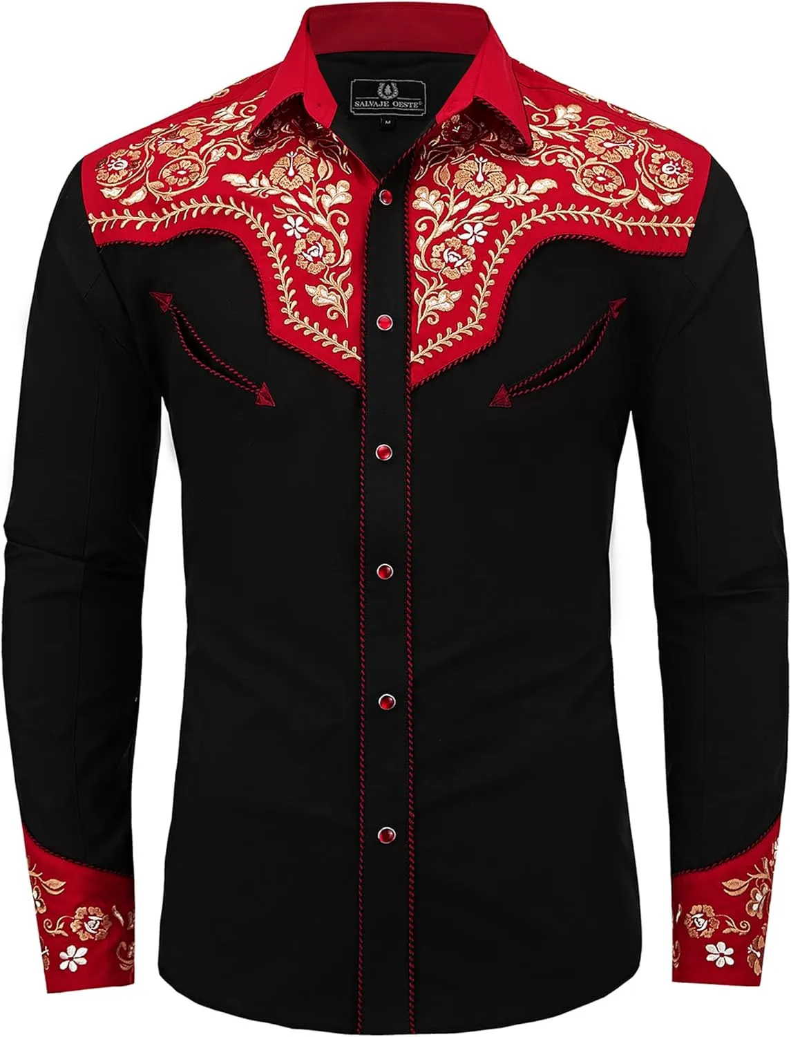 Western Embroidered Cowboy Shirts for Men, Casual Button Down Long Sleeve Shirt Floral Design Retro Shirt