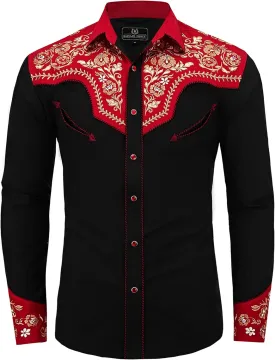 Western Embroidered Cowboy Shirts for Men, Casual Button Down Long Sleeve Shirt Floral Design Retro Shirt