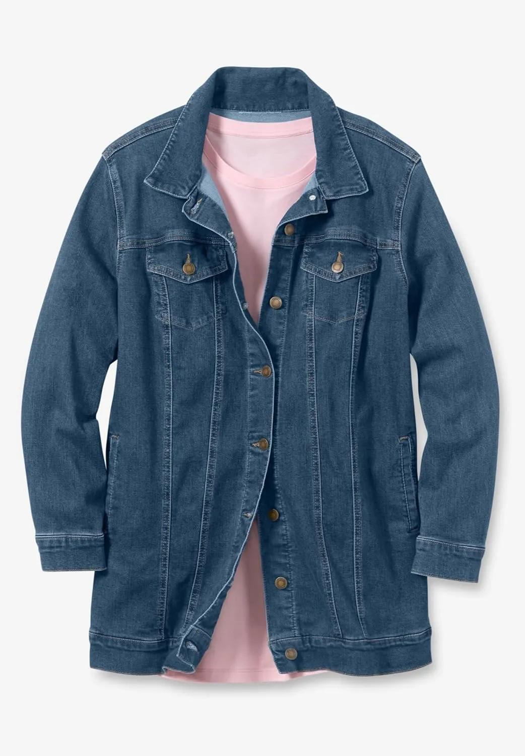 Woman Within Plus Size Long Stretch Denim Jacket Oversized Jean Jacket