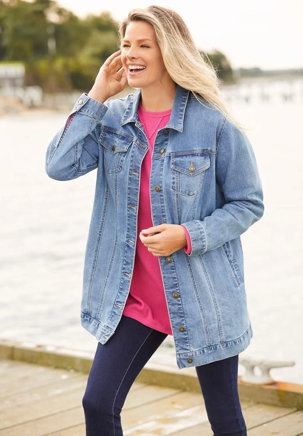 Woman Within Plus Size Long Stretch Denim Jacket Oversized Jean Jacket