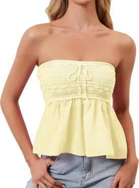 Women Floral Print Strapless Bandeau Top Summer Sleeveless Flowy Cute Tube Tops Y2k Going Out Peplum Top