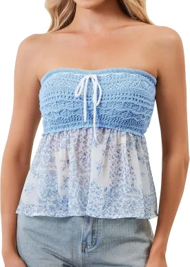Women Floral Print Strapless Bandeau Top Summer Sleeveless Flowy Cute Tube Tops Y2k Going Out Peplum Top