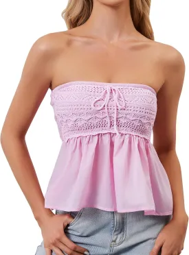 Women Floral Print Strapless Bandeau Top Summer Sleeveless Flowy Cute Tube Tops Y2k Going Out Peplum Top