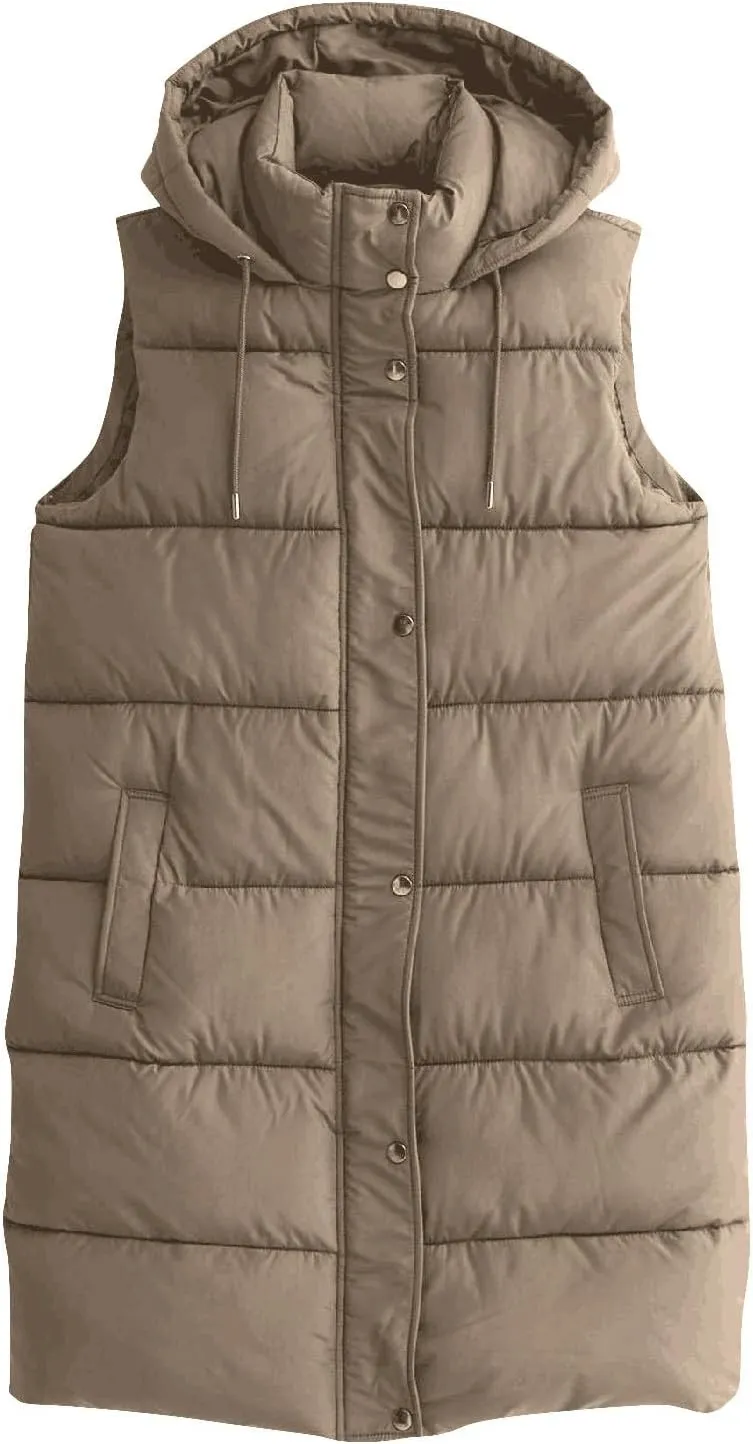 Women Long Puffer Vest Oversized Quilted Vest Zipper Hooded Down Vest Sleeveless Puffy Jacket Winter Outerwear Vests