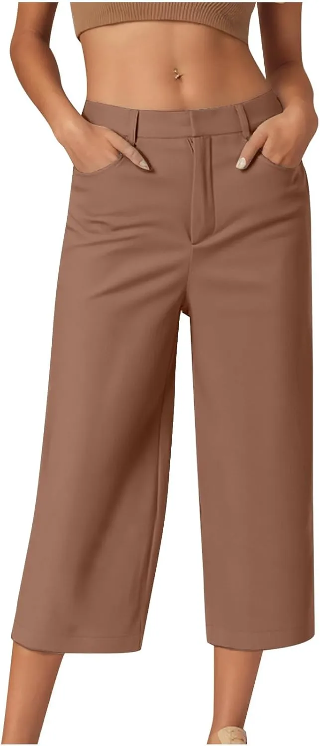 Women Wide Leg Capri Pants Business Casual Stretch Pant Comfy Loose Lounge Cropped Trouser Work Clothes