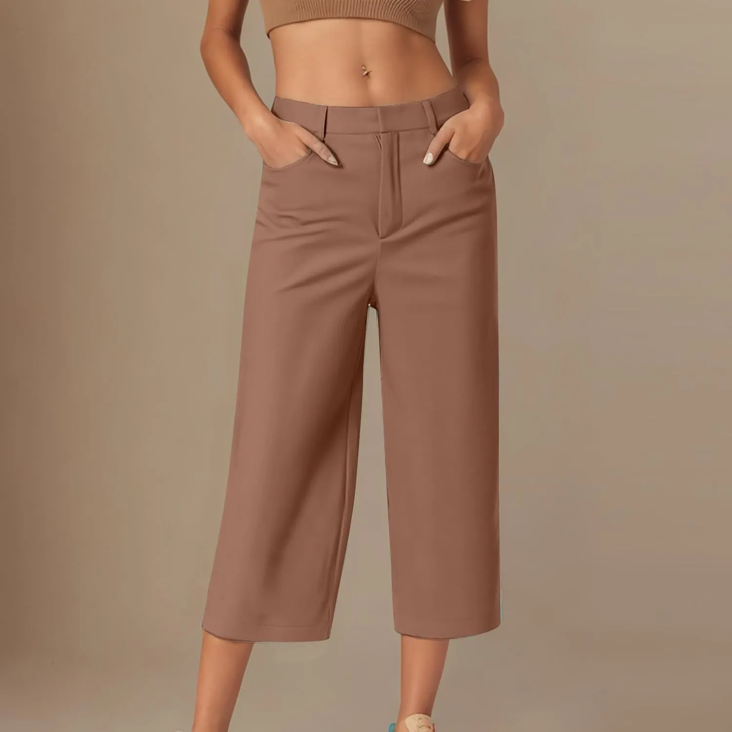 Women Wide Leg Capri Pants Business Casual Stretch Pant Comfy Loose Lounge Cropped Trouser Work Clothes