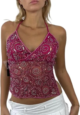 Women Y2k Sequin Cami Top Sexy Sexy V Neck Sparkle Glitter Tank Top Backless Pearl Rhinestone Going Out Tops