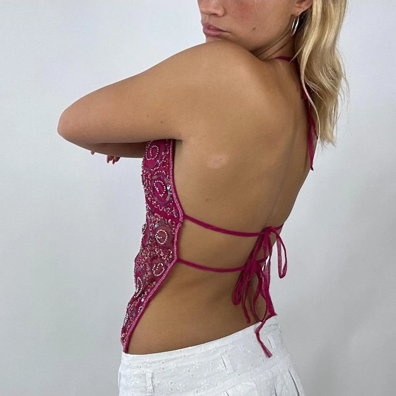 Women Y2k Sequin Cami Top Sexy Sexy V Neck Sparkle Glitter Tank Top Backless Pearl Rhinestone Going Out Tops