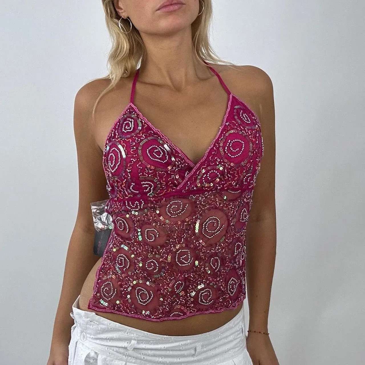 Women Y2k Sequin Cami Top Sexy Sexy V Neck Sparkle Glitter Tank Top Backless Pearl Rhinestone Going Out Tops