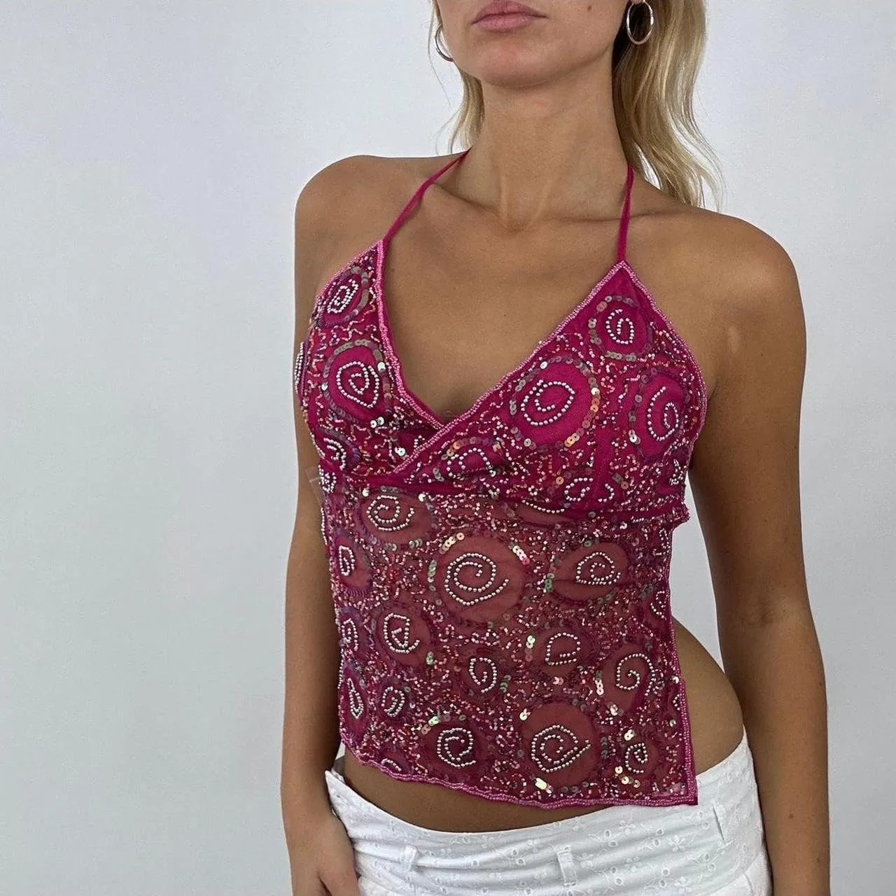 Women Y2k Sequin Cami Top Sexy Sexy V Neck Sparkle Glitter Tank Top Backless Pearl Rhinestone Going Out Tops